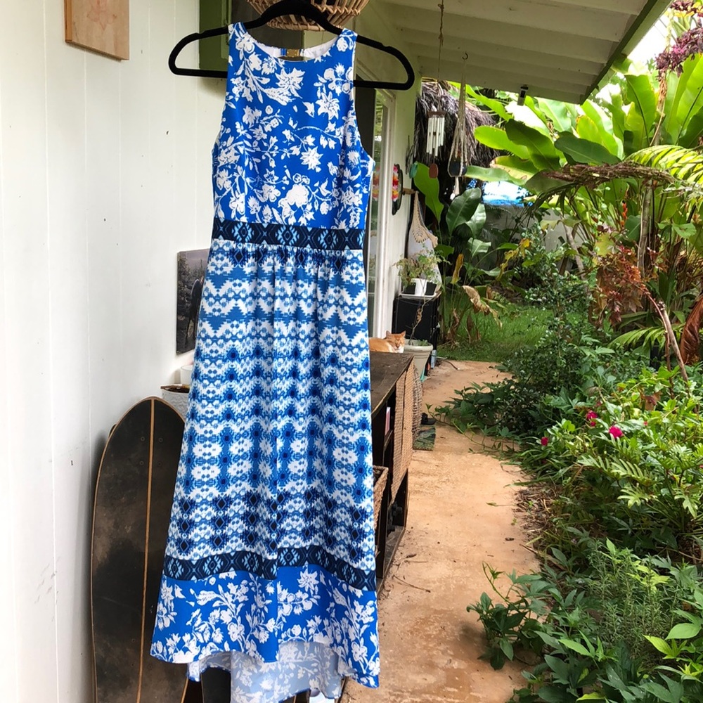 Cynthia Steve blue multi pattern dress